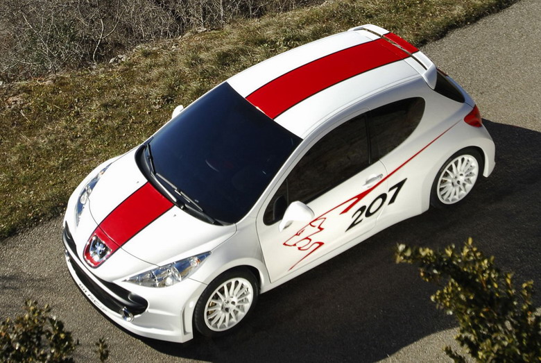 Concept car Peugeot 207 RCup: Vue de dessus de la Peugeot 207 RCup. Les phares avant de la Peugeot 207 remontent très haut sur les ailes